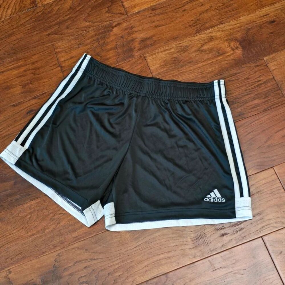 Adidas black athletic shorts white stripes hem detail adidas logo size Medium